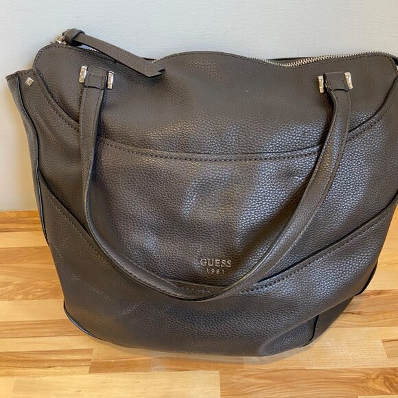 Guess Dark Brown Pebbled vegan Leather Large Tote Shoulder Bag With Dual Straps - Picture 12 of 14